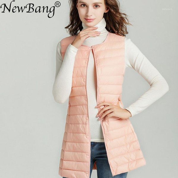 

newbang brand women's long vest ultra light down vest women waitcoat female down coat slim sleeveless without collar jacket1, Black;white