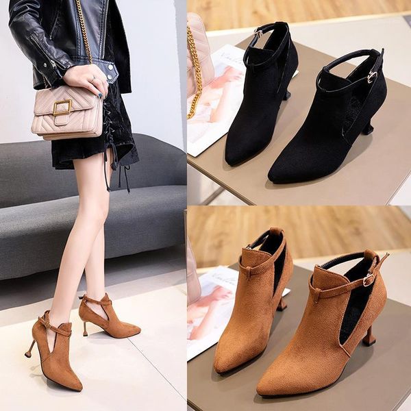 

2020 autumn and winter new women's boots wine glasses with high-heeled fashion single shoes one word buckle single shoes women1, Black