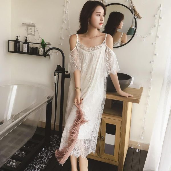 

lisacmvpnel elegant long section women nightgown solid spaghetti strap lace female nightdress1, Black;red