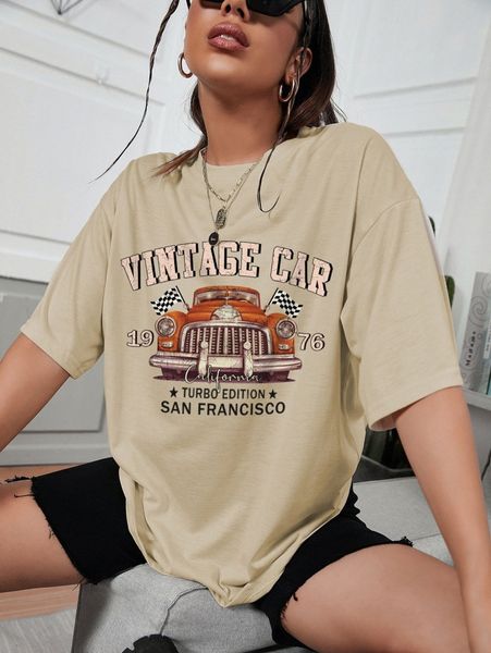 

letter & car print drop shoulder oversized tee n3tc#, White