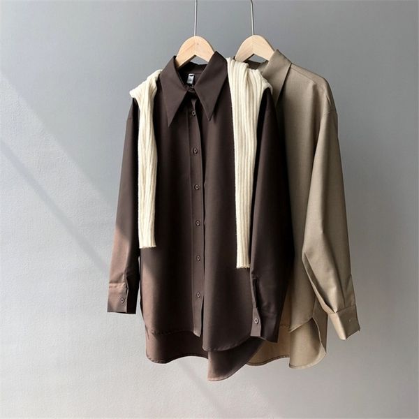 

spring women brown shirt female blouse long sleeve casual turn-down collar style women loose office blouses z1695 y200828, White
