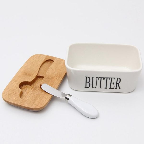 

butter sealed ceramic box with butter whiteboard, wood cover and knife, cheese container tray1