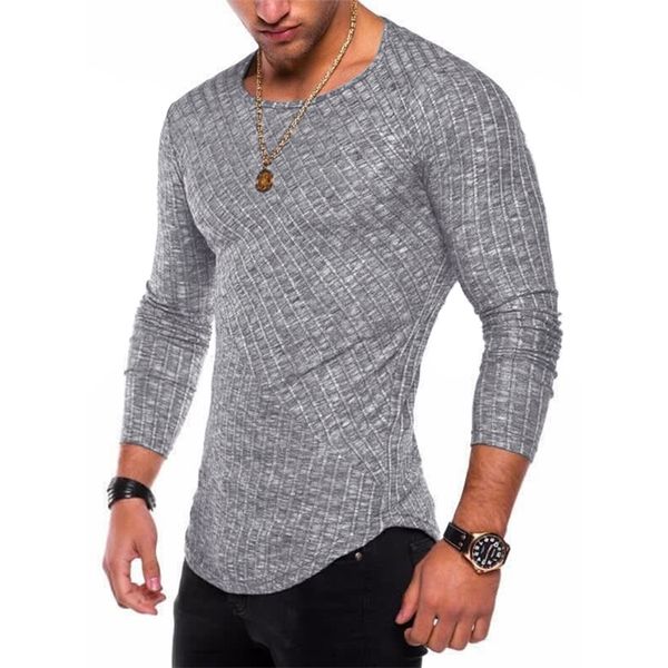 

6 colors spring men long sleeve t shirt casual round neck striped elastic fit funny streetwear solid tshirt hip hop y200104, White;black