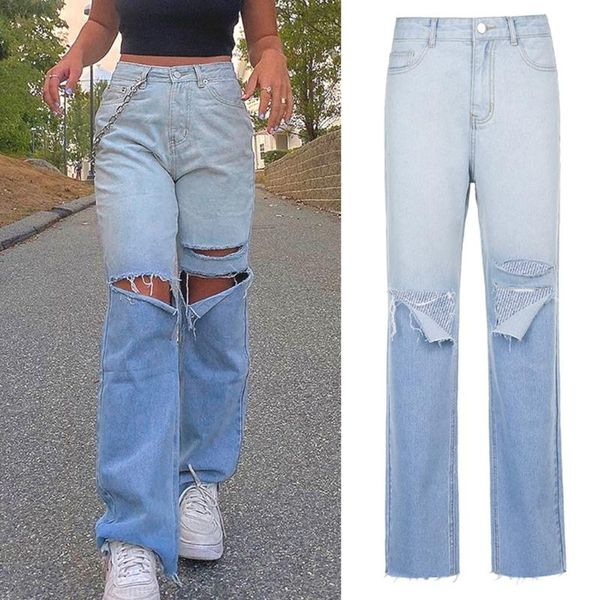 

women's jeans women high waist gradient blue color ripped distressed hole denim pants harajuku hip hop straight loose trousers