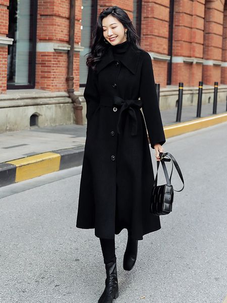 

mblack double sided cashmere women's middle long 2020 new winter high end wool hepburn tweed coat, Black