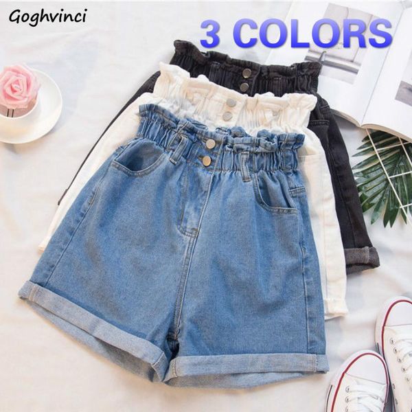 

women shorts wide leg high waist plus size 4xl denim ruffles roll up hem solid all-match loose simple fashion korean style chic, White;black