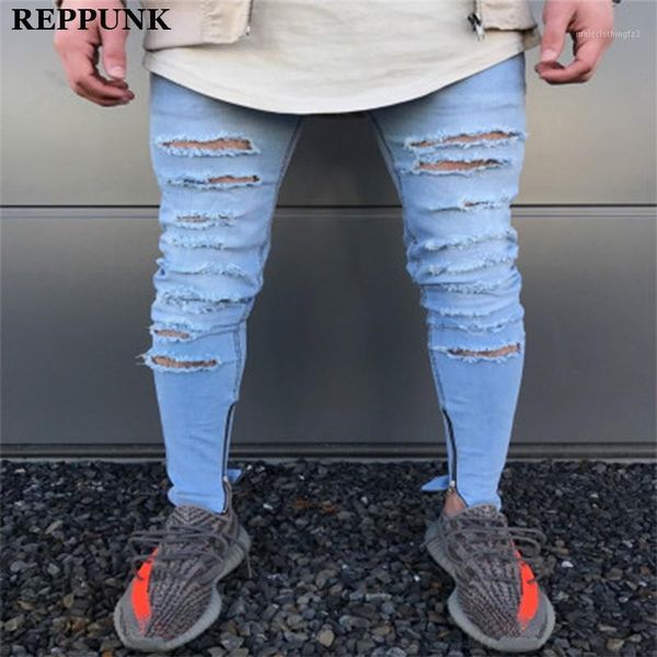 

men's jeans 2021 men stretch destroyed ripped design fashion ankle zipper skinny for male streetwear hiphop denim trousers1, Blue