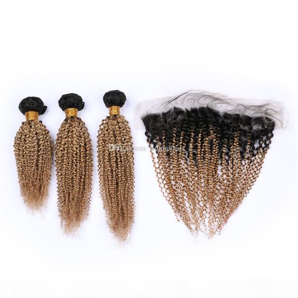 

kinkys curly honey blonde virgin hair extensions 1b 27 dark root ombre hair extensions with lace frontal closure 4pcs lot, Black;brown