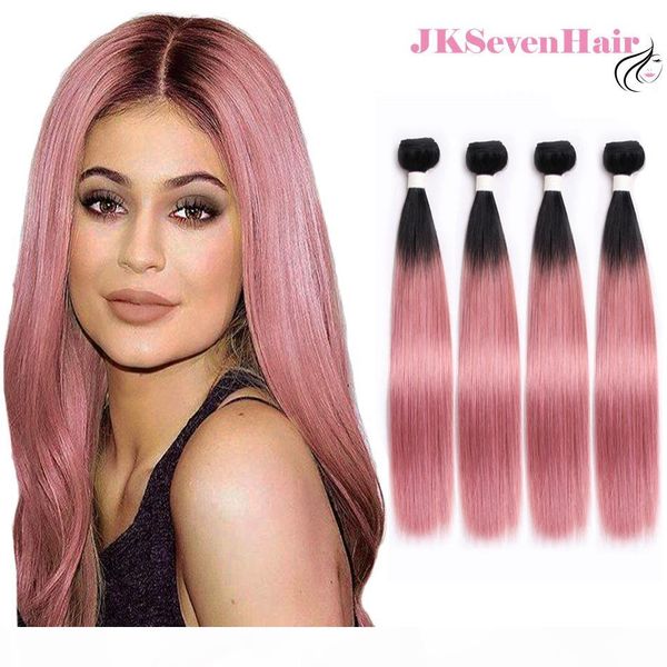 

straight dark root pink ombre brazilian virgin hair extensions 4 bundles lot 1b pink rose gold indian malaysian peruvian hair wefts, Black