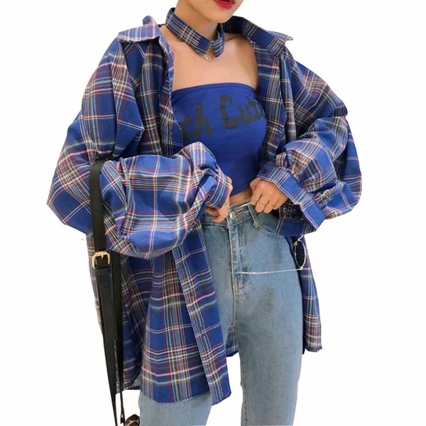 

spring summer 2021 loose plaid shirts (with tube printed letter) female new fashion long streetwear t4nf, White