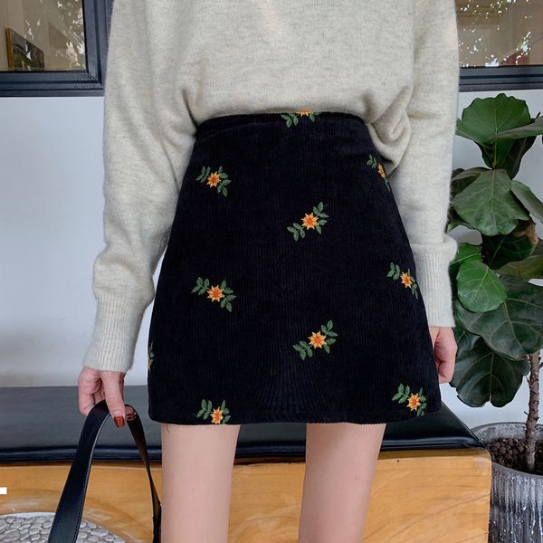 

new spring 2021 retro autumn of wool embroidered high was fine female hip-to-line skirt y362 7r7j, Black