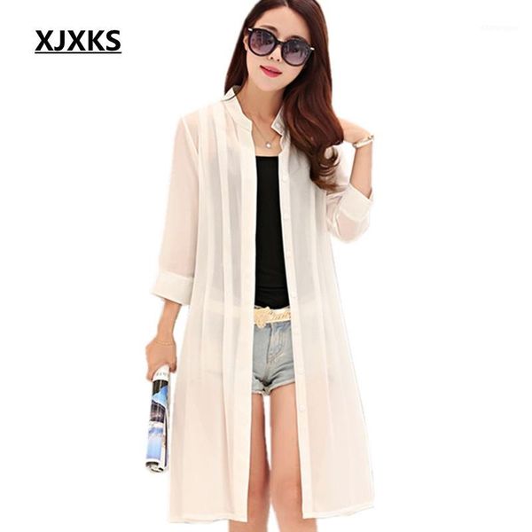 

xjxks women summer coat print 3/4 sleeve casual loose long chiffon kimono cardigan blouse sunscreen clothing1, White
