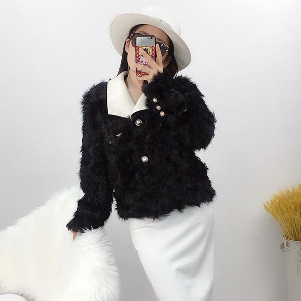 

quality wu huang young real wool small fragrant wind lamb fur grass coat female short fur integrated sheepskin suit collar, Black