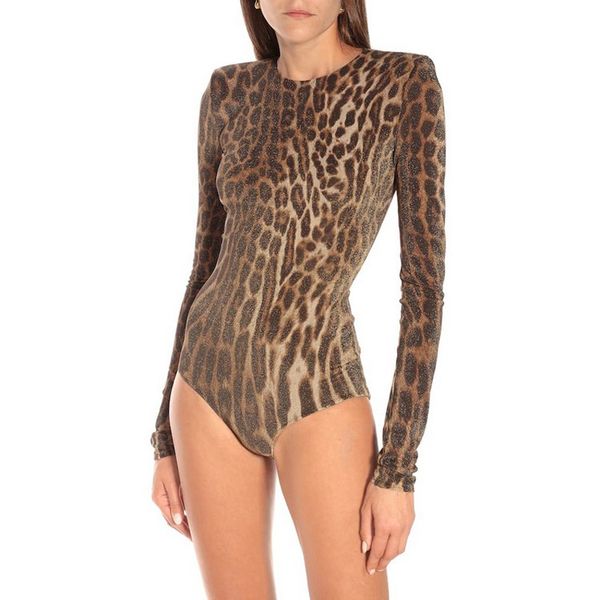 

leopard skinny bodysuits women round neck long sleeve fashion q1118, White