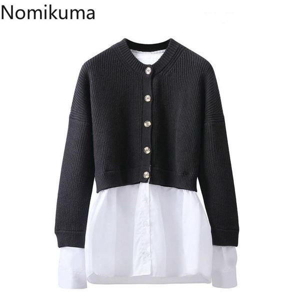 

women's knits & tees nomikuma blouse patchwork knitwear coat women 2021 autumn winter sweater causal long sleeve o-neck knitted cardiga, White
