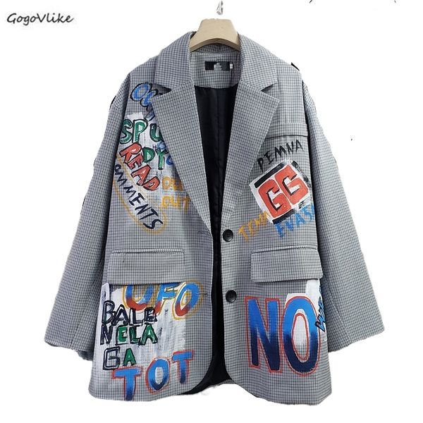 

plus size plaid suit blazer women graffiti print outerwear for girl lady plus size suit jacket female korean coats lt882s30 201114, White;black