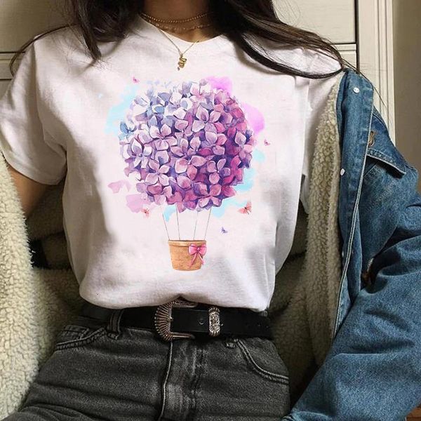 

women clothes lady graphic watercolor butterfly balloon travel flower floral print tees female t shirt womens t-shirt, White