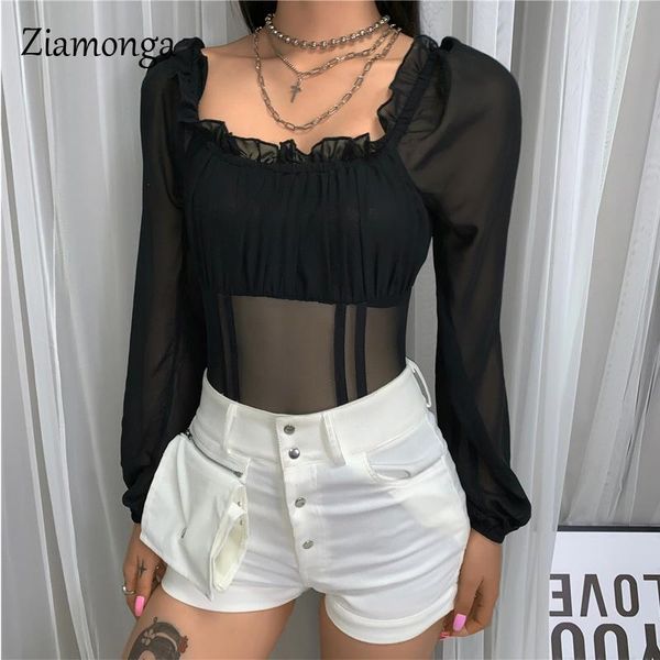 

ziamonga black sheer mesh bodysuit women puff sleeve square collars bodycon rompers women elegant party overalls, Black;white