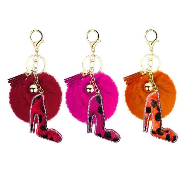 

creative korean velvet rhinestone leopard pattern high heels shape hair ball key ring pendant bell accessories bag bag ornament, Silver