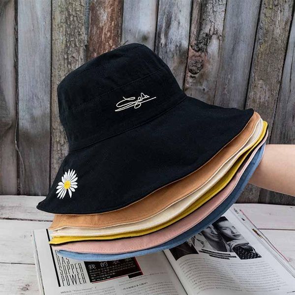 

wide brim hats spring summer autumn sun hat polyester bucket women panama double-sided chrysanthemum embroidered daisy fisherman, Blue;gray