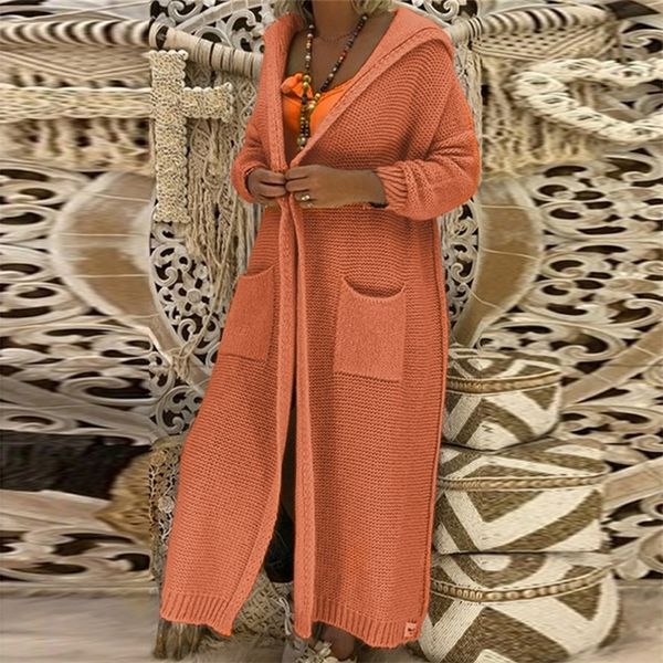 

long knitted cardigan sweaters fall women fashion double pockets hooded sweters femme mujer coat streetwear 201202, White;black