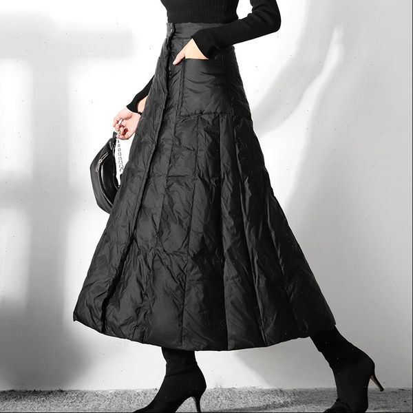 

plus size 4xlautumn winter fashion down cotton skirt women high waist thick ankle length a line skirt, Black