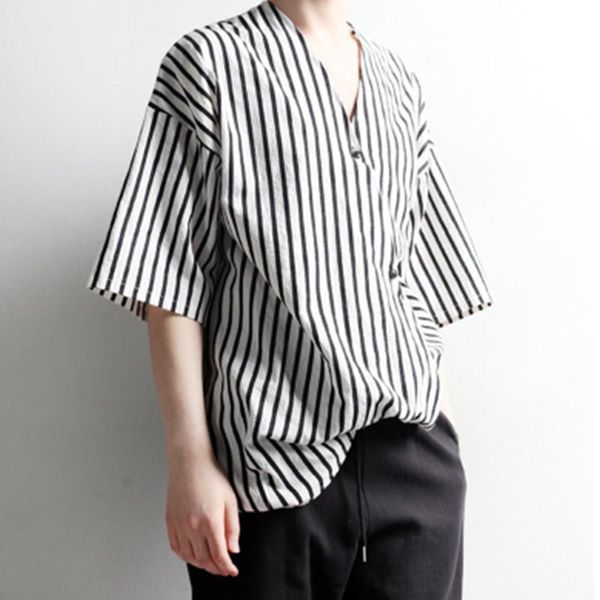 

s-4xl trendy men's personality vertical stripe short sleeve shirt shirt v-neck loose irregular asymmetric japanese personality t, White;black