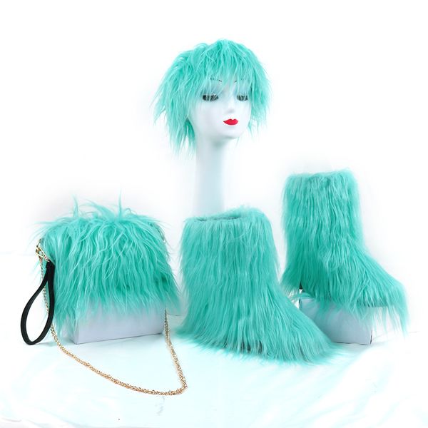 

purses retail wholesale faux fur boots with headband and bag warm fur winter boot for women, Black