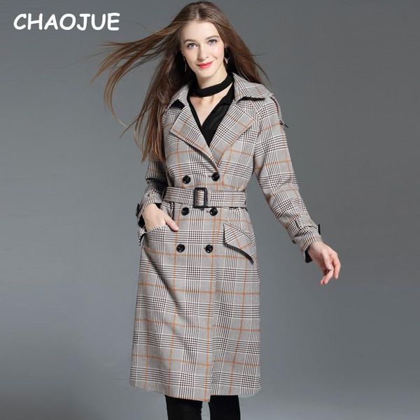 

women's trench coats chaojue long length plaid for women 2021 autumn/winter loose causal outwear office lady 4xl overcoat, Tan;black