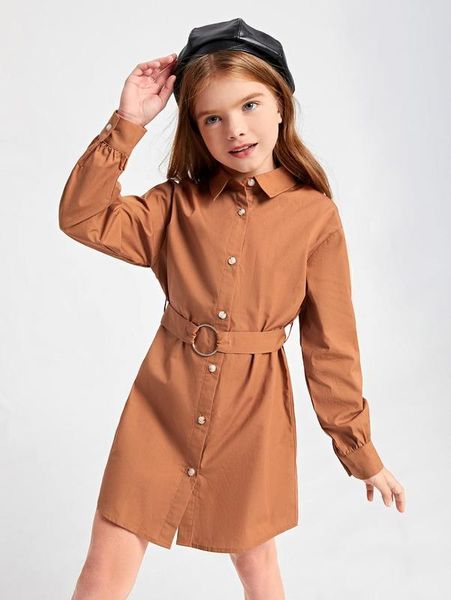 

girls button front ring belted shirt dress she, Red;yellow
