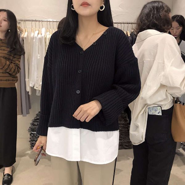 

vipnew v-neck cardigan long sleeve net red fake two sweaters for women in fall / winter 2020, White;black