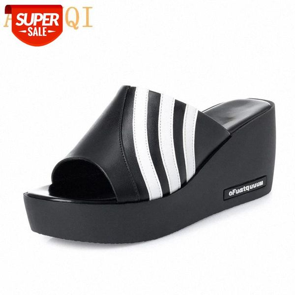 

aiyuqi women slippers platform 2020 new sandals women genuine leather wedges shoes mixed colors high heels sandals women slip #5h9u, Black