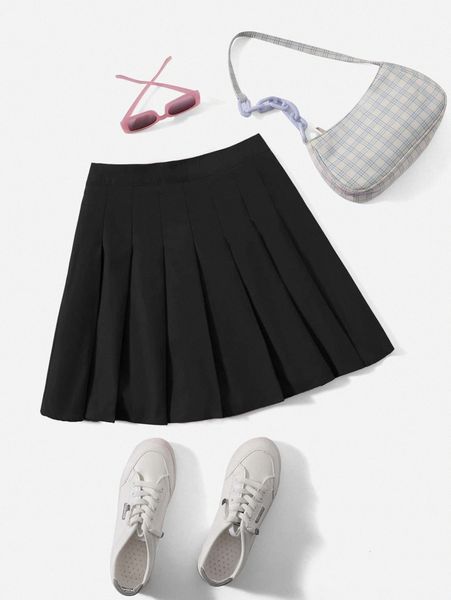 

solid pleated skirt b5v4#, Black