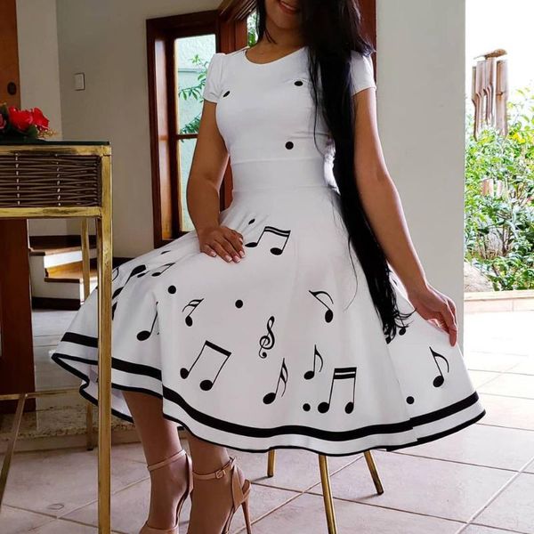 

women summer music note print dress elegant retro swing casual vintage party dresses vestidos plus size vestidos#j30, Black