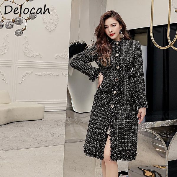 

delocah women autumn fashion designer long blends coat bow sashes pockets high waist bodycon ladies a-line coat outerwear 2020, Black