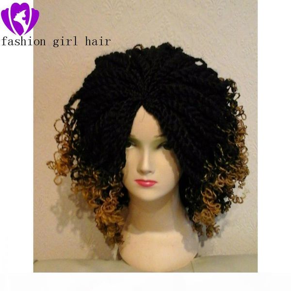 

fast shipping 14'' crochet twist braids wig ombre braiding hair full lace front wig senegalese short braids wig with curly tips, Black