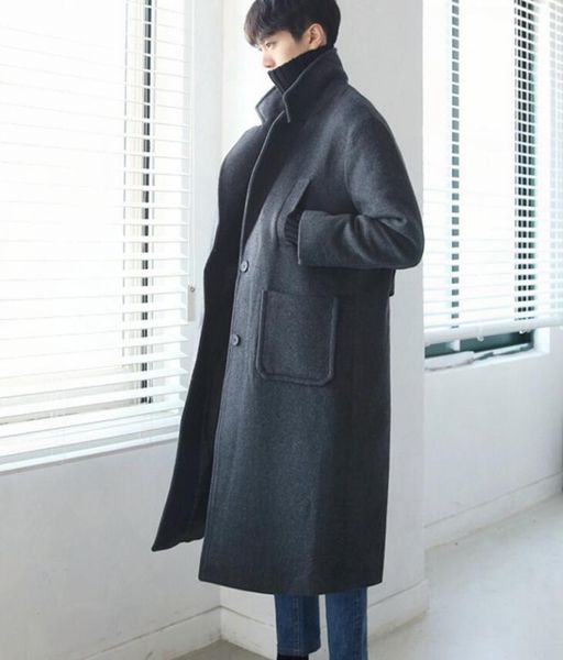 

men's wool & blends korean version of the autumn and winter mid-length woolen coat fashionable over-the-knee casual, Black