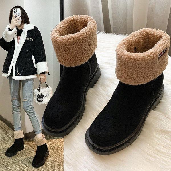 

boots 2021 women's shoes snow ladies winter flock warm ankle short bootie slip-on outside botas, Black