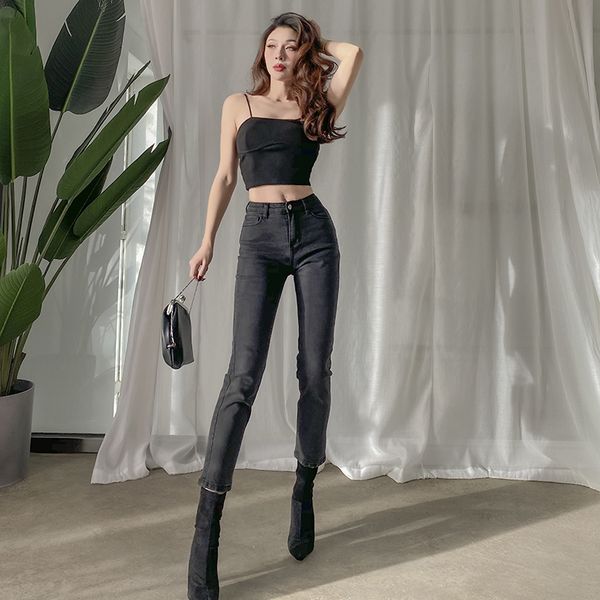 

2021 new thin black winter straight leg washed pencil pants all-match elastic cotton high waist jeans for vintage woman streetwear jtfv, Blue