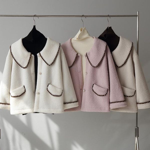 

fashion lamb wool autumn winter coat women jacket fleece shaggy warm jackets overcoat single breasted outwear manteau femme, Black