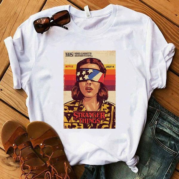 

stranger things 3 women t shirt upside down funny femme eleven tshirt fashion ulzzang short sleeve t-shirt femme, White