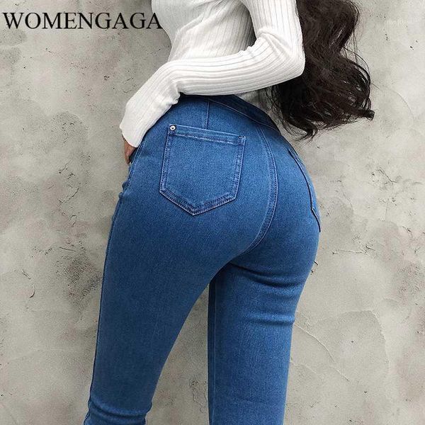 

womengaga peach hip shaping slimming simple all-match high waist stretch tight jeans pencil pants denim womens lib61, Blue