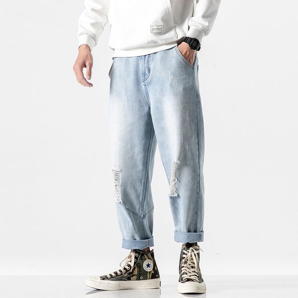 

spring 2021 wear large hole loose trend straight jeans men's casual pants, Blue