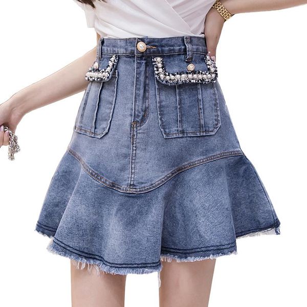 

2021 spring summer jeans skirts women high waist beading ruffles denim skirts plus size mini skirt jupe femme faldas, Black
