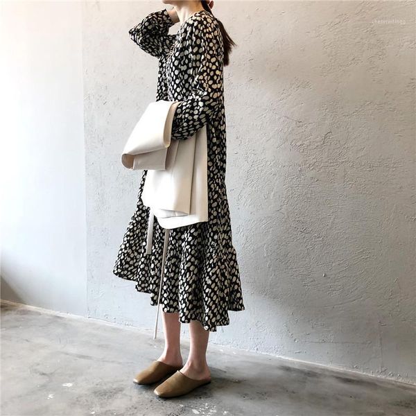 

woman dresses midi korean new long-sleeved chiffon loose soft polka dot retro ruffles dress boho casual women's dress spring new1, Black;gray