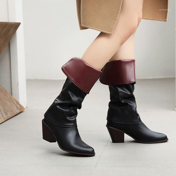 

turned-over edge womens shoes autumn winter block high heel boots long knight ride knee high boots female shoe plus size 34-431, Black