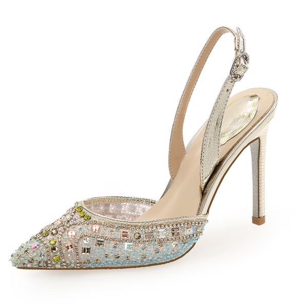 

beads multi-punctured crystal slide lace mesh toe pumps pointed ankle brace female strass wedding stilettos high-heeled shoes klwh, Black