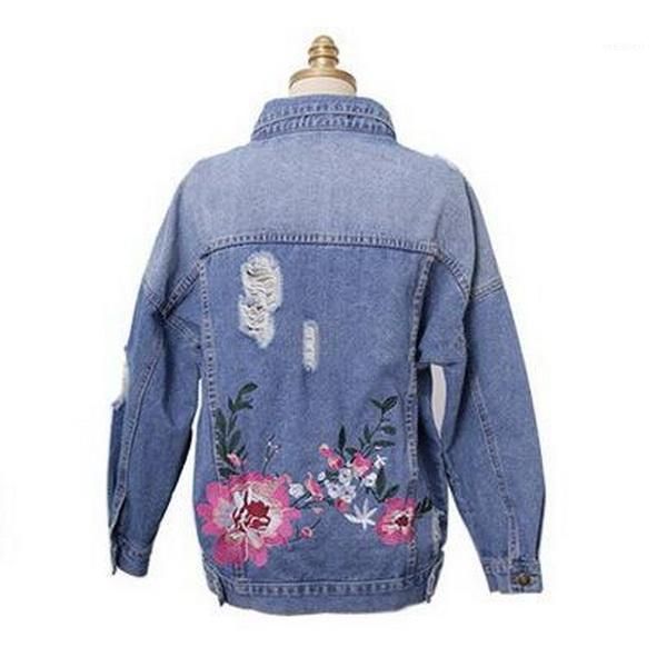 

plus size xl-5xl women flower embroideryed denim jackets 2017 autumn new female hole jeans outerwear basic coats light blue 13671, Black;brown