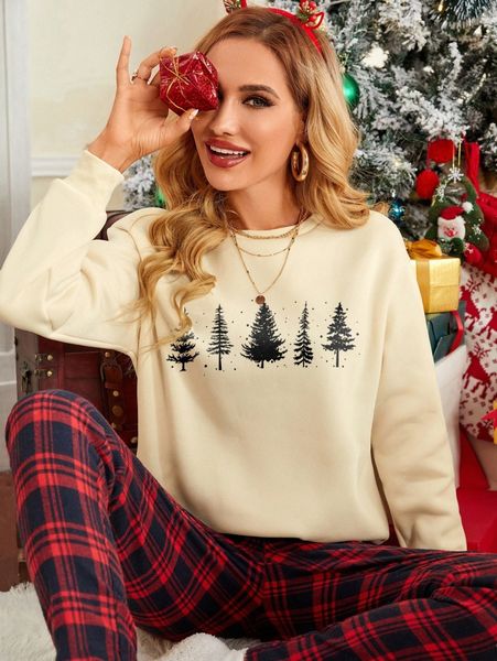 

christmas tree print drop shoulder pullover 34br#, White;black