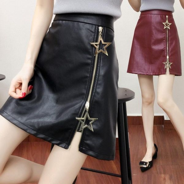 

skirts 2021 pu short skirt plus size star zipper bag hip, Black